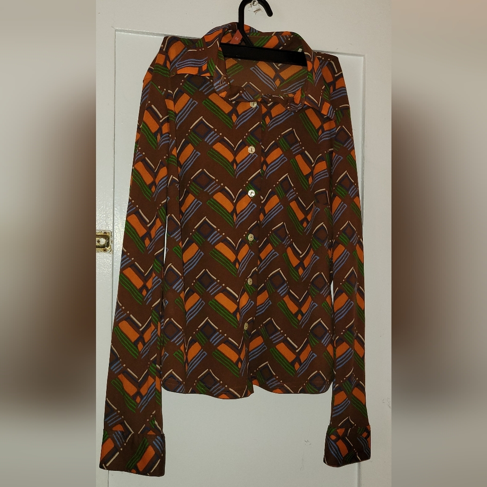 Sisley Italy Geometric Retro Print   Vintage Made In Italy Mesh  Button Shirt - Picture 3 of 10